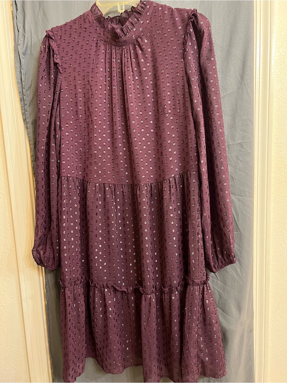 Tommy Hilfiger Women's Plum Long Sleeve Ruffle Neck Tiered Dress